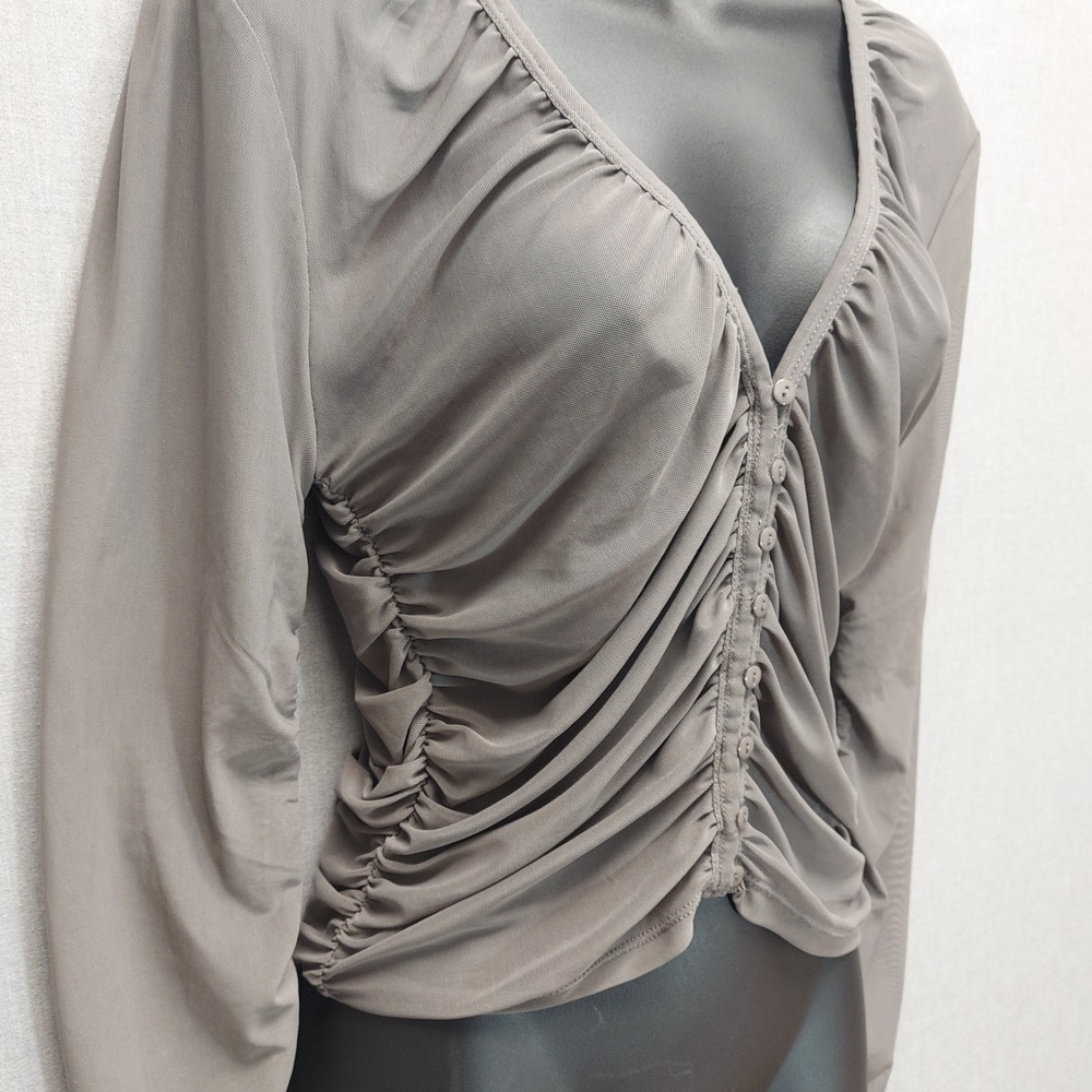 Y2K Mesh Ruched Button Front Top Women XL Gray Fairy Grunge Coquette Stretch - Picture 3 of 12